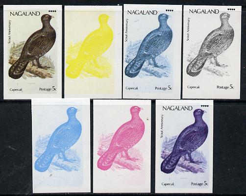 Nagaland 1974 Birds (with Scout Emblems) 5c (Capercaillie) set of 7 imperf progressive colour proofs comprising the 4 individual colours plus 2, 3 and all 4-colour composites unmounted mint