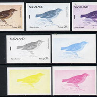 Nagaland 1974 Birds (with Scout Emblems) 20c (Alpine Accenter) set of 7 imperf progressive colour proofs comprising the 4 individual colours plus 2, 3 and all 4-colour composites unmounted mint