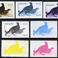 Nagaland 1974 Birds (with Scout Emblems) 1ch (Black Grouse) set of 7 imperf progressive colour proofs comprising the 4 individual colours plus 2, 3 and all 4-colour composites unmounted mint