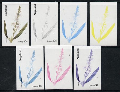 Nagaland 1974 Flowers 10c (Lysimachia Ephemerum) set of 7 imperf progressive colour proofs comprising the 4 individual colours plus 2, 3 and all 4-colour composites unmounted mint