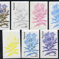 Nagaland 1974 Flowers 20c (Gentiana Septemfida) set of 7 imperf progressive colour proofs comprising the 4 individual colours plus 2, 3 and all 4-colour composites unmounted mint