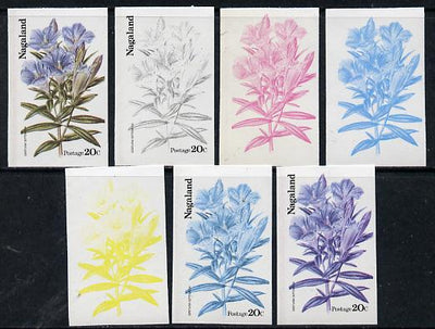 Nagaland 1974 Flowers 20c (Gentiana Septemfida) set of 7 imperf progressive colour proofs comprising the 4 individual colours plus 2, 3 and all 4-colour composites unmounted mint
