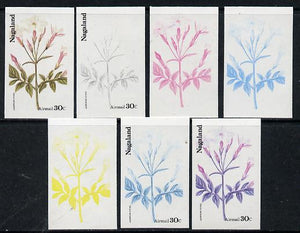 Nagaland 1974 Flowers 30c (Jasminium Affinis) set of 7 imperf progressive colour proofs comprising the 4 individual colours plus 2, 3 and all 4-colour composites unmounted mint