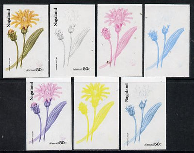 Nagaland 1974 Flowers 50c (Troximon Glaucum) set of 7 imperf progressive colour proofs comprising the 4 individual colours plus 2, 3 and all 4-colour composites unmounted mint