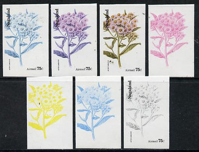Nagaland 1974 Flowers 75c (Aster Cabulicus) set of 7 imperf progressive colour proofs comprising the 4 individual colours plus 2, 3 and all 4-colour composites unmounted mint