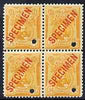 Peru 1909 Grau 50c yellow block of 4 each with small security punch hole and overprinted SPECIMEN in red (20 x 4.0 mm) unmounted mint, ex file copy from ABNCo archives, as SG 380