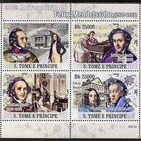 St Thomas & Prince Islands 2009 Felix Mendelssohn perf sheetlet containing 4 values unmounted mint