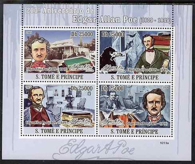 St Thomas & Prince Islands 2009 200th Birth Anniversary of Edgar Allan Poe perf sheetlet containing 4 values unmounted mint