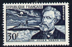 France 1955 Death Anniversary of Jules Verne (Author) showing Submarine unmounted mint, SG 1251
