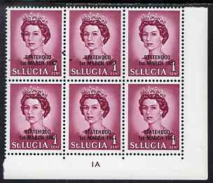 St Lucia 1967 unissued 1c with Statehood overprint in black, unmounted mint plate block of 6 with semi-constant black flaw from overprint forme on R9/8 and between stamps R9/8 and R9/9