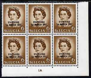 St Lucia 1967 unissued 6c with Statehood overprint in black, unmounted mint plate block of 6 with semi-constant black flaw below M of March from overprint forme on R9/8 and dot below 1 of 1st on R9/9