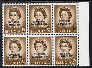 St Lucia 1967 unissued 6c with Statehood overprint in black, unmounted mint marginal block of 6 with semi-constant black flaw at right from overprint forme on R7/8