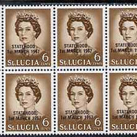 St Lucia 1967 unissued 6c with Statehood overprint in black, unmounted mint marginal block of 6 with semi-constant black dot below 1 of 1st on R7/2 from overprint forme