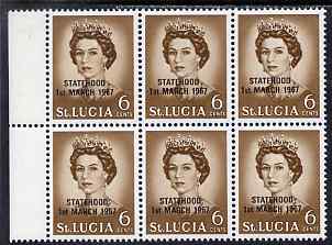 St Lucia 1967 unissued 6c with Statehood overprint in black, unmounted mint marginal block of 6 with semi-constant black dot below 1 of 1st on R7/2 from overprint forme