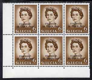 St Lucia 1967 unissued 6c with Statehood overprint in black, unmounted mint corner block of 6 with semi-constant black dot to left of Queen on R10/1 from overprint forme