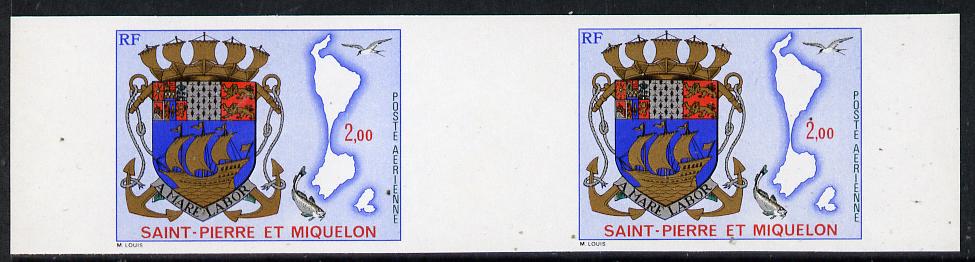St Pierre & Miquelon 1974 Arms & Map 2f imperf proof gutter pair in issued colours unmounted mint (SG 528)