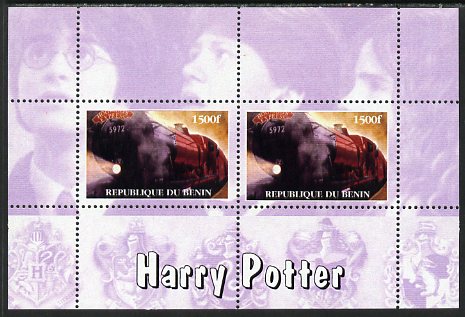 Benin 2001 Harry Potter & Hogwart's Express perf sheetlet containing 2 values (mauve background) unmounted mint. Note this item is privately produced and is offered purely on its thematic appeal