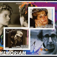 Somalia 2001 In Memoriam - Princess Diana & Walt Disney #03 imperf sheetlet containing 2 values with Ingrid Bergman & Woody Allen in background unmounted mint. Note this item is privately produced and is offered purely on its thematic appeal