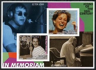 Somalia 2001 In Memoriam - Princess Diana & Walt Disney #08 imperf sheetlet containing 2 values with Elton John & Mother Teresa in background unmounted mint. Note this item is privately produced and is offered purely on its thematic appeal