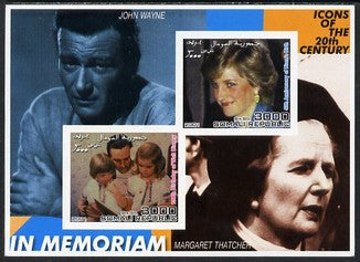 Somalia 2001 In Memoriam - Princess Diana & Walt Disney #13 imperf sheetlet containing 2 values with John Wayne & Margaret Thatcher in background unmounted mint. Note this item is privately produced and is offered purely on its thematic appeal
