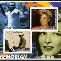 Somalia 2001 In Memoriam - Princess Diana & Walt Disney #14 imperf sheetlet containing 2 values with Pele & Katharine Hepburn in background unmounted mint. Note this item is privately produced and is offered purely on its thematic appeal