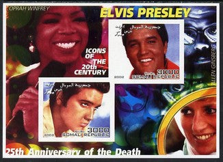 Somalia 2002 Elvis Presley 25th Anniversary of Death #02 imperf sheetlet containing 2 values with Oprah Winfrey, Allen Ginsberg & Diana in background unmounted mint. Note this item is privately produced and is offered purely on its thematic appeal