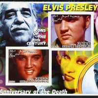 Somalia 2002 Elvis Presley 25th Anniversary of Death #03 imperf sheetlet containing 2 values with Gabriel Garcia Marquez, Mae West & Charlie Chaplin in background unmounted mint. Note this item is privately produced and is offered……Details Below