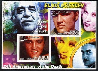 Somalia 2002 Elvis Presley 25th Anniversary of Death #03 imperf sheetlet containing 2 values with Gabriel Garcia Marquez, Mae West & Charlie Chaplin in background unmounted mint. Note this item is privately produced and is offered……Details Below