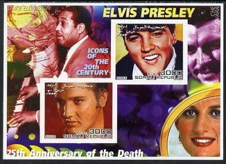 Somalia 2002 Elvis Presley 25th Anniversary of Death #04 imperf sheetlet containing 2 values with Duke Ellington, Che Guevara & Diana in background unmounted mint. Note this item is privately produced and is offered purely on its thematic appeal