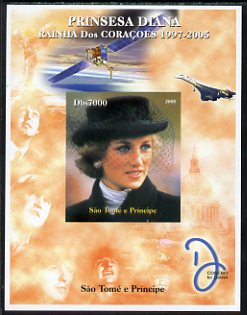 St Thomas & Prince Islands 2005 Princess Diana - Queen of Our Hearts #2 imperf s/sheet with Concorde, Beatles & Satellite in background unmounted mint. Note this item is privately produced and is offered purely on its thematic appeal