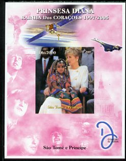 St Thomas & Prince Islands 2005 Princess Diana - Queen of Our Hearts #6 imperf s/sheet with Concorde, Beatles & Satellite in background unmounted mint. Note this item is privately produced and is offered purely on its thematic appeal