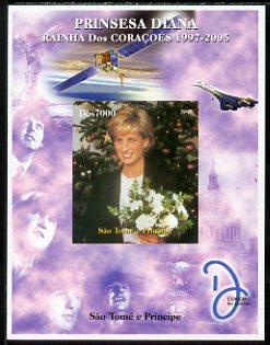 St Thomas & Prince Islands 2005 Princess Diana - Queen of Our Hearts #7 imperf s/sheet with Concorde, Beatles & Satellite in background unmounted mint. Note this item is privately produced and is offered purely on its thematic appeal