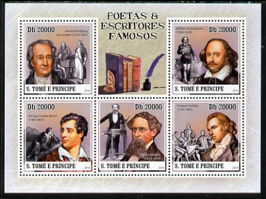 St Thomas & Prince Islands 2010 Famous Poets & Writers perf sheetlet containing 5 values unmounted mint