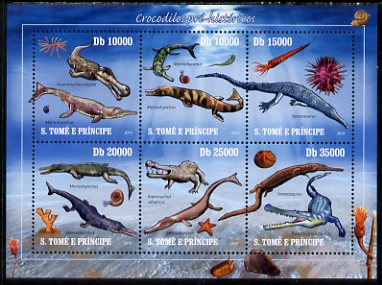 St Thomas & Prince Islands 2010 Pre-historic Crocodiles perf sheetlet containing 6 values unmounted mint