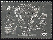 Guyana 1992 'Genova 92' International Thematic Stamp Exhibition $600 perf embossed in silver foil featuring Butterfly, Mushroom, Penguin, Shell, Tortoise, Dolphin,Giraffe, Elephant & Dinosaur