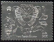 Guyana 1992 'Genova 92' International Thematic Stamp Exhibition $600 perf embossed in silver foil featuring Butterfly, Mushroom, Penguin, Shell, Tortoise, Dolphin,Giraffe, Elephant & Dinosaur