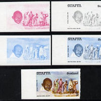 Staffa 1979 Gandhi 3p (on Salt March) set of 5 imperf progressive colour proofs comprising 3 individual colours (red, blue & yellow) plus 2 and all 4-colour composites unmounted mint