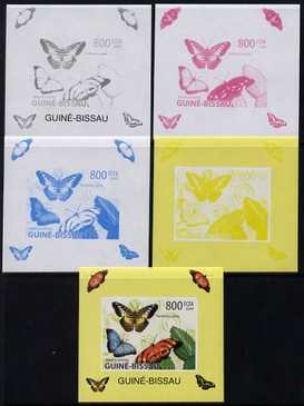 Guinea - Bissau 2009 Butterflies individual deluxe sheet #1 - the set of 5 imperf progressive proofs comprising the 4 individual colours plus all 4-colour composite, unmounted mint