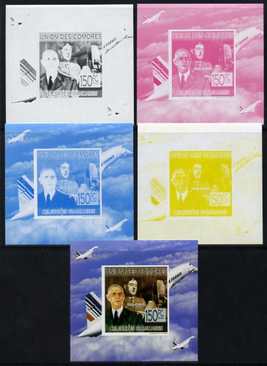Comoro Islands 2009 French Celebrities individual deluxe sheet #2 - Charles de Gaulle & Concorde,- the set of 5 imperf progressive proofs comprising the 4 individual colours plus all 4-colour composite, unmounted mint as Michel 2239
