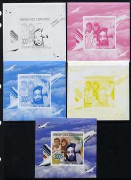 Comoro Islands 2009 French Celebrities individual deluxe sheet #4 - Serge Gainsbourg & Concorde - the set of 5 imperf progressive proofs comprising the 4 individual colours plus all 4-colour composite, unmounted mint as Michel 2241