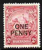 Barbados 1947 Surcharged 1d on 2d Perf 13.5x13 unmountedd mint SG 264d