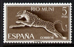 Rio Muni 1964 Leaping Leopard 5p unmounted mint, from Wild Life set, SG 55