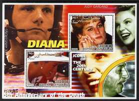 Somalia 2002 Princess Diana 5th Anniversary of Death #06 perf sheetlet containing 2 values with Neil Armstrong, Judy Garland & Walt Disney in background unmounted mint. Note this item is privately produced and is offered purely on its thematic appeal