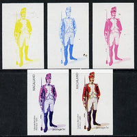 Nagaland 1974 Military Uniforms 5c (French Valaison 1810) set of 5 imperf progressive colour proofs comprising 3 individual colours (red, blue & yellow) plus 3 and all 4-colour composites unmounted mint