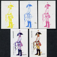 Nagaland 1974 Military Uniforms 10c (Russian Chevaliers Garde 1796) set of 5 imperf progressive colour proofs comprising 3 individual colours (red, blue & yellow) plus 3 and all 4-colour composites unmounted mint