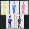 Nagaland 1974 Military Uniforms 15c (Bavarian Foot Artillery 1812) set of 5 imperf progressive colour proofs comprising 3 individual colours (red, blue & yellow) plus 3 and all 4-colour composites unmounted mint