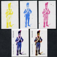 Nagaland 1974 Military Uniforms 15c (Bavarian Foot Artillery 1812) set of 5 imperf progressive colour proofs comprising 3 individual colours (red, blue & yellow) plus 3 and all 4-colour composites unmounted mint