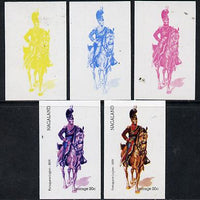 Nagaland 1974 Military Uniforms 20c (Portuguese Mounted Legion 1809) set of 5 imperf progressive colour proofs comprising 3 individual colours (red, blue & yellow) plus 3 and all 4-colour composites