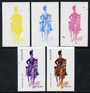 Nagaland 1974 Military Uniforms 20c (Portuguese Mounted Legion 1809) set of 5 imperf progressive colour proofs comprising 3 individual colours (red, blue & yellow) plus 3 and all 4-colour composites