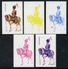 Nagaland 1974 Military Uniforms 50c (Spanish Mounted 7th Lancers 1811) set of 5 imperf progressive colour proofs comprising 3 individual colours (red, blue & yellow) plus 3 and all 4-colour composites